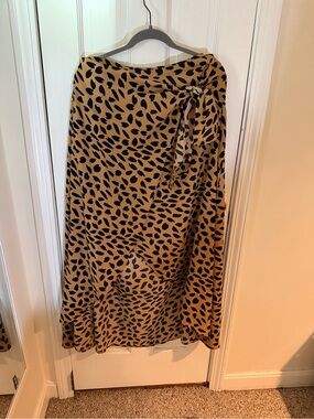 SHEIN Tan Midi Skirt with Black Leaf Print and Side Tie